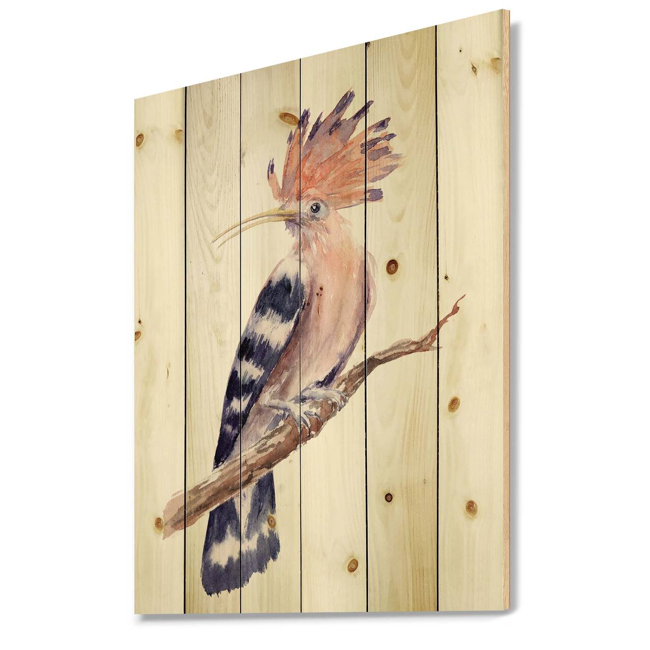 Designart - Vintage Hoopoe Bird On A Branch - Traditional Print on Natural Pine Wood